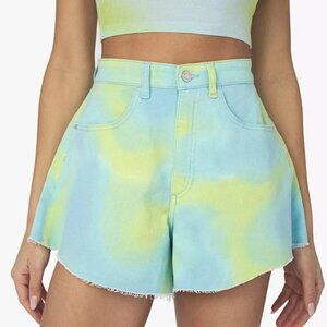 NWT WEWOREWHAT REVOLVE FLARE BELL SHORTS STRETCH DENIM TIE DYE Size 25
